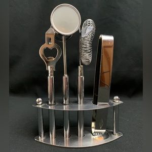 4pc bar set opener, tongs, strainer, and measuring jigger